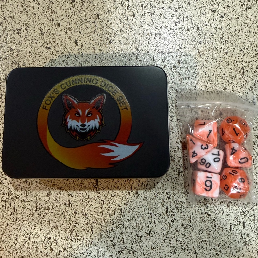 Fox’s Cunning Orange and White Dice Set with Decorative Holding Tin